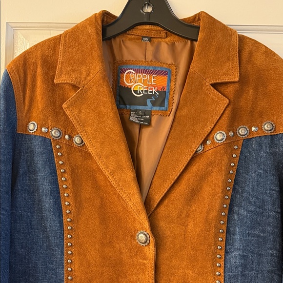 Stunning Cripple Creek Brown Leather Jacket w/ heavy Blue Jean Fabric & Conchos - Picture 4 of 16